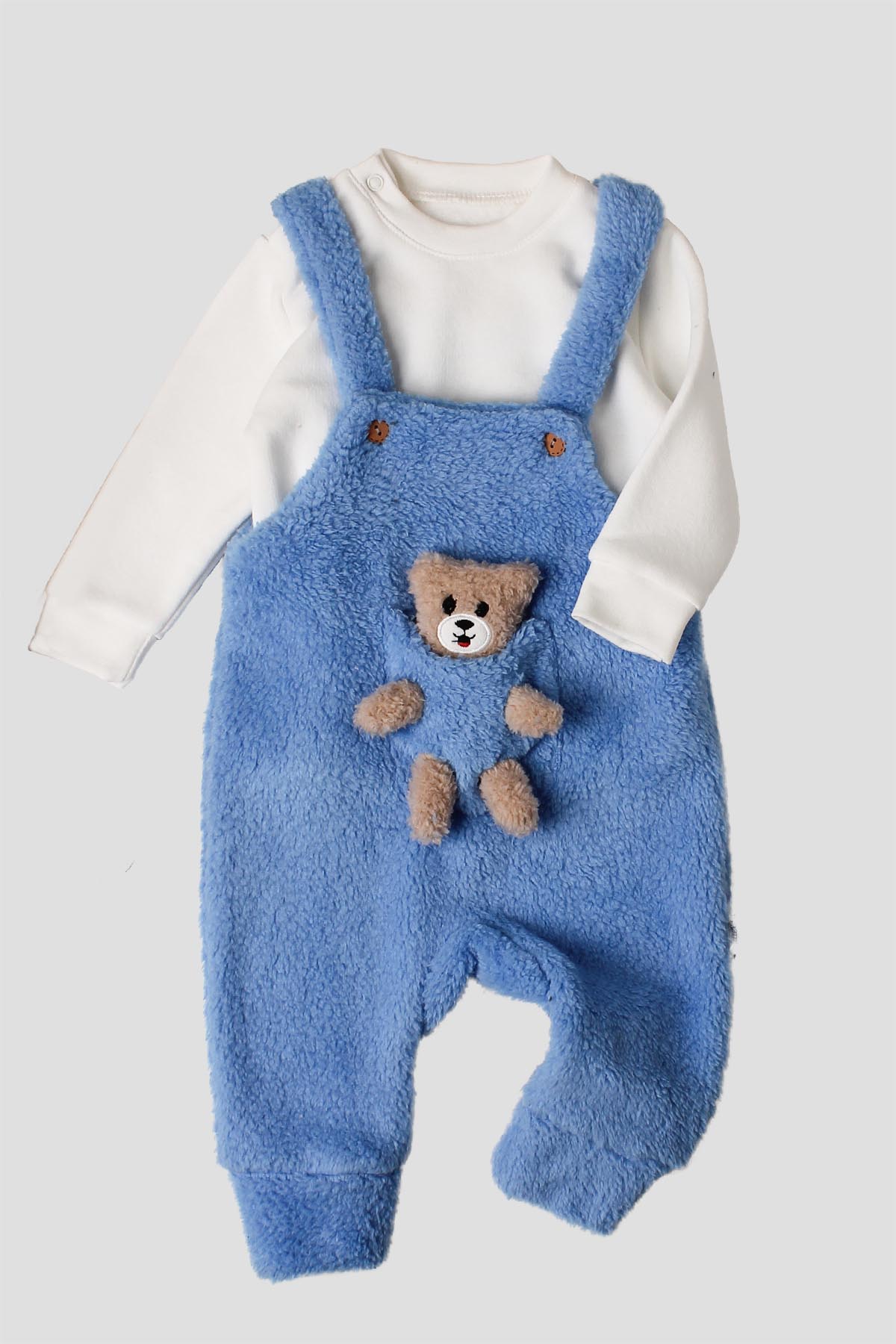 Unisex Peluş Ayıcık Cepli Askılı Tulumlu 2’li Takım 6-24 Ay